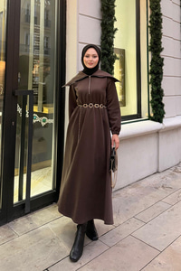 Önü Fermuarlı Elbise Kahverengi