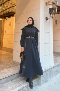 Önü Fermuarlı Elbise Lacivert