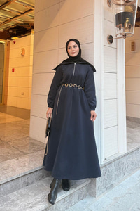 Önü Fermuarlı Elbise Lacivert