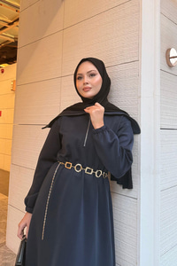 Önü Fermuarlı Elbise Lacivert