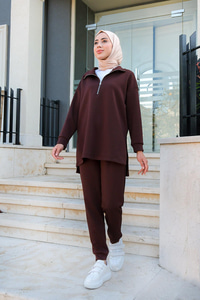 Önü Fermuarlı İkili Eşofman Takım Acı Kahve