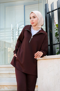 Önü Fermuarlı İkili Eşofman Takım Acı Kahve