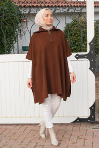 Önü Fermuarlı Panço Kahverengi