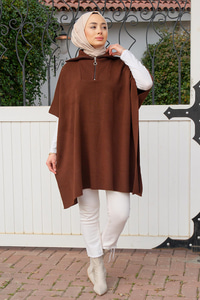 Önü Fermuarlı Panço Kahverengi