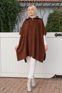 Önü Fermuarlı Panço Kahverengi