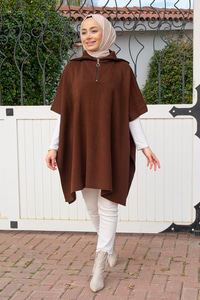 Önü Fermuarlı Panço Kahverengi