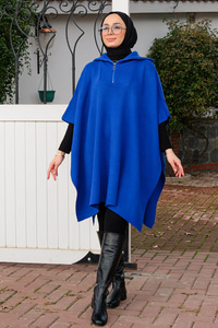 Önü Fermuarlı Panço Saks Mavi