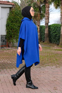 Önü Fermuarlı Panço Saks Mavi