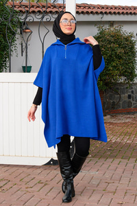 Önü Fermuarlı Panço Saks Mavi