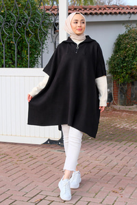 Önü Fermuarlı Panço Siyah