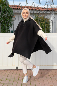 Önü Fermuarlı Panço Siyah