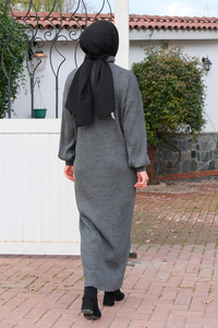 Önü Fermuarlı Triko Elbise Gri