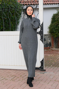 Önü Fermuarlı Triko Elbise Gri