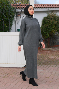 Önü Fermuarlı Triko Elbise Gri