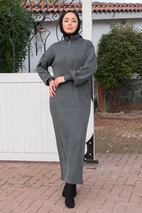 Önü Fermuarlı Triko Elbise Gri