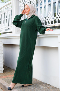 Önü Fermuarlı Triko Elbise Zümrüt Yeşil