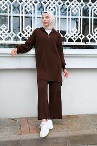 Önü Fermuarlı Triko İkili Takım Kahverengi