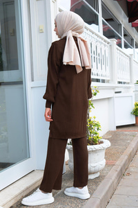 Önü Fermuarlı Triko İkili Takım Kahverengi