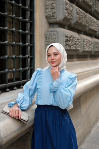 Önü Fırfır Detaylı Keten Gömlek Bebe Mavi