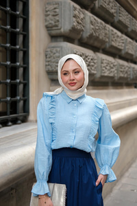 Önü Fırfır Detaylı Keten Gömlek Bebe Mavi