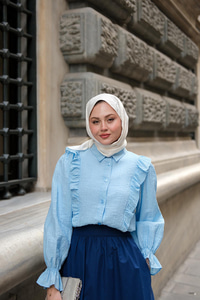 Önü Fırfır Detaylı Keten Gömlek Bebe Mavi