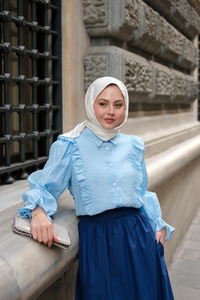 Önü Fırfır Detaylı Keten Gömlek Bebe Mavi