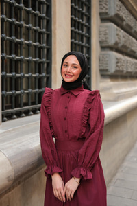 Önü Fırfır Detaylı Keten Gömlek Bordo