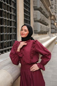 Önü Fırfır Detaylı Keten Gömlek Bordo