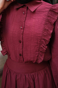 Önü Fırfır Detaylı Keten Gömlek Bordo