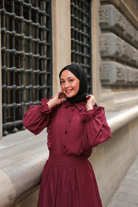 Önü Fırfır Detaylı Keten Gömlek Bordo