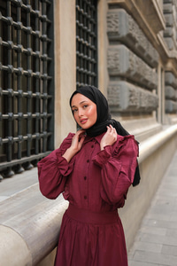 Önü Fırfır Detaylı Keten Gömlek Bordo