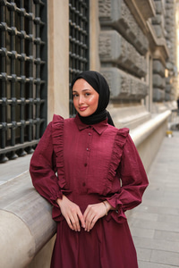 Önü Fırfır Detaylı Keten Gömlek Bordo