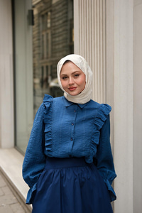 Önü Fırfır Detaylı Keten Gömlek Lacivert