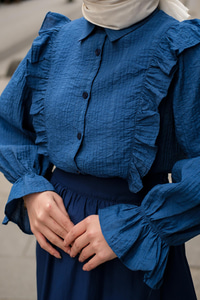 Önü Fırfır Detaylı Keten Gömlek Lacivert