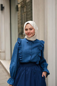 Önü Fırfır Detaylı Keten Gömlek Lacivert