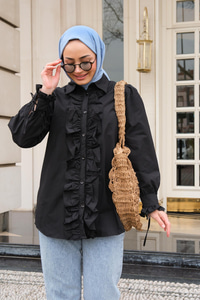 Önü Fırfırlı Gömlek Siyah