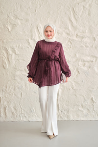 Önü Fırfırlı Ve Bağlama Detay Simli Tül Kumaş Tunik Bordo