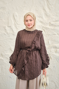 Önü Fırfırlı Ve Bağlama Detay Simli Tül Kumaş Tunik Kahverengi