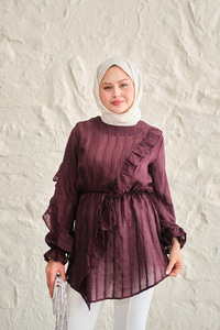 Önü Fırfırlı Ve Bağlama Detay Simli Tül Kumaş Tunik Bordo