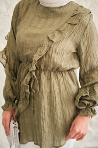 Önü Fırfırlı Ve Bağlama Detay Simli Tül Kumaş Tunik Yeşil