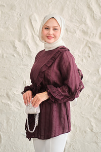 Önü Fırfırlı Ve Bağlama Detay Simli Tül Kumaş Tunik Bordo