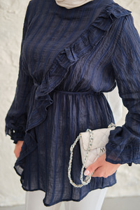 Önü Fırfırlı Ve Bağlama Detay Simli Tül Kumaş Tunik Lacivert