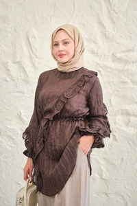 Önü Fırfırlı Ve Bağlama Detay Simli Tül Kumaş Tunik Kahverengi