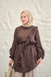 Önü Fırfırlı Ve Bağlama Detay Simli Tül Kumaş Tunik Kahverengi