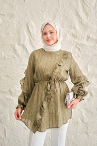 Önü Fırfırlı Ve Bağlama Detay Simli Tül Kumaş Tunik Yeşil