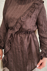 Önü Fırfırlı Ve Bağlama Detay Simli Tül Kumaş Tunik Kahverengi