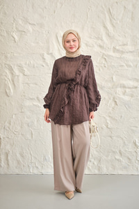 Önü Fırfırlı Ve Bağlama Detay Simli Tül Kumaş Tunik Kahverengi