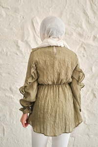 Önü Fırfırlı Ve Bağlama Detay Simli Tül Kumaş Tunik Yeşil