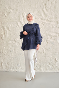 Önü Fırfırlı Ve Bağlama Detay Simli Tül Kumaş Tunik Lacivert