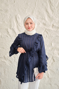 Önü Fırfırlı Ve Bağlama Detay Simli Tül Kumaş Tunik Lacivert